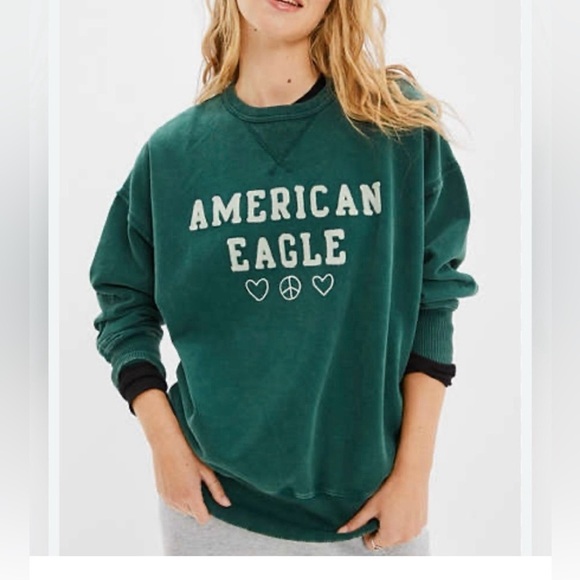 American Eagle Outfitters Tops - American Eagle Medium Crew Neck Pullover Peace Sweatshirt Green